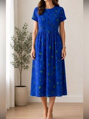Vintage 90s Blue Floral Midi Dress Women’s Small Pleated Cottagecore